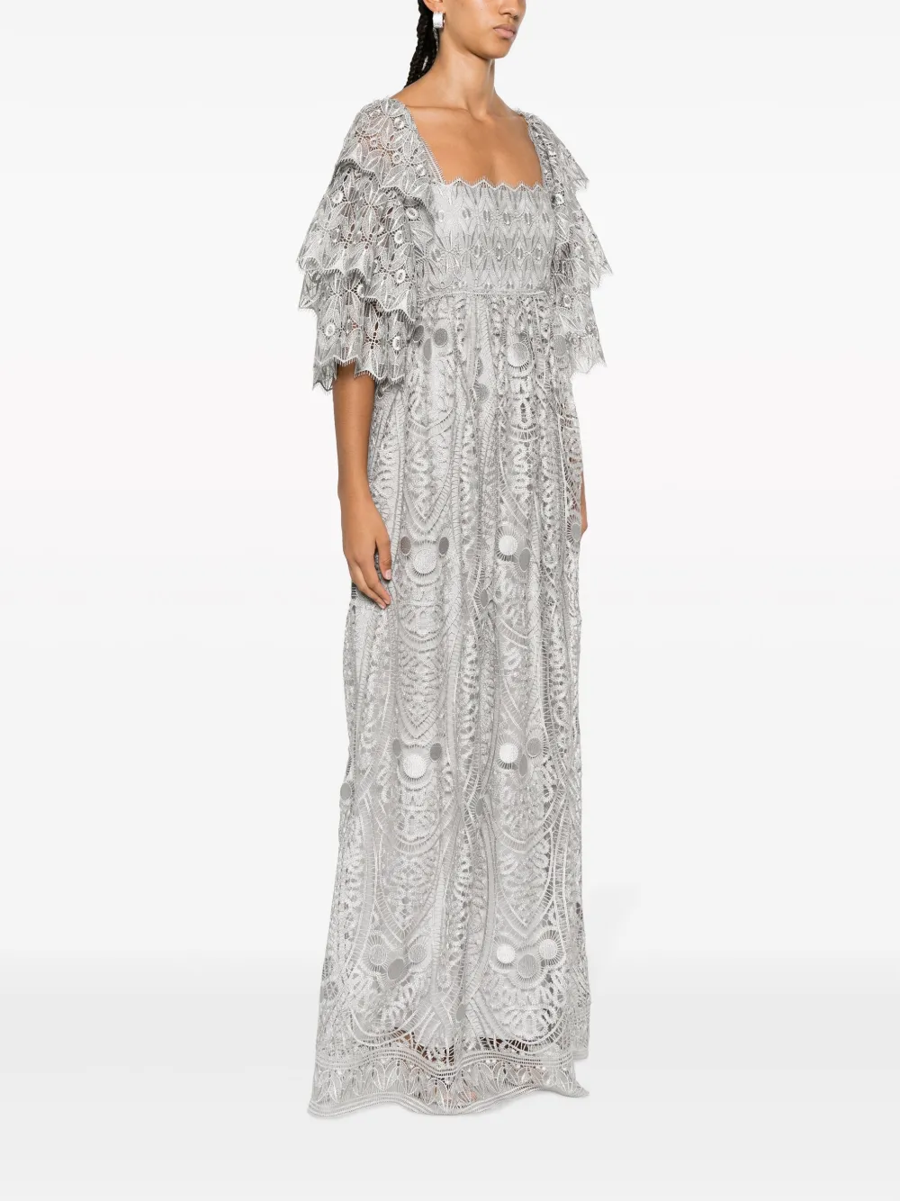 Alberta Ferretti Maxi-jurk met pofmouwen en kant Grijs