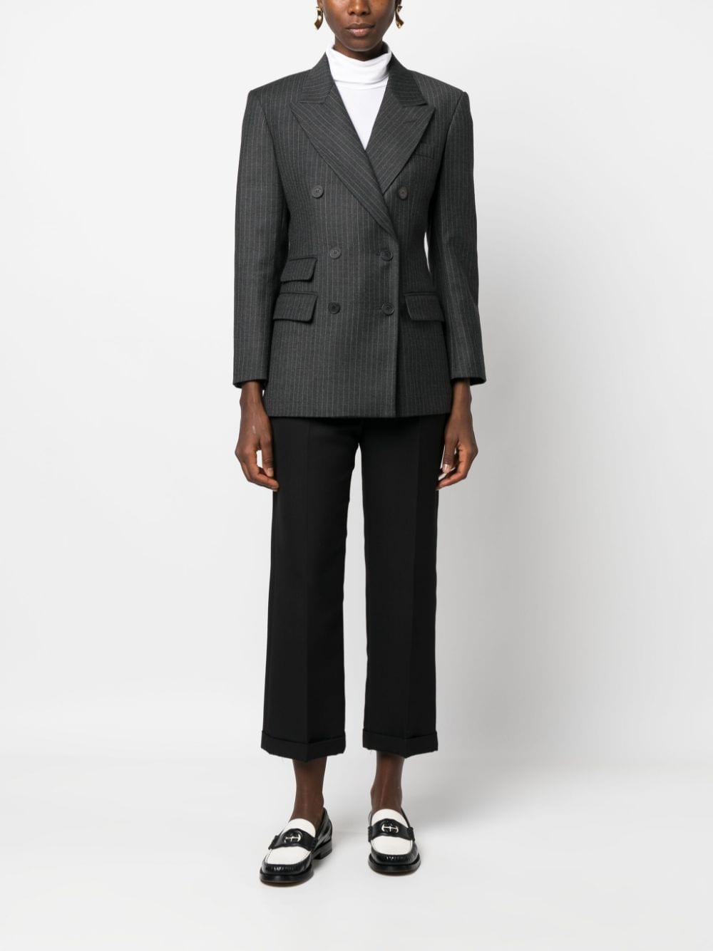 Shop Sandro Pinstripe Double-breasted Blazer In Grey