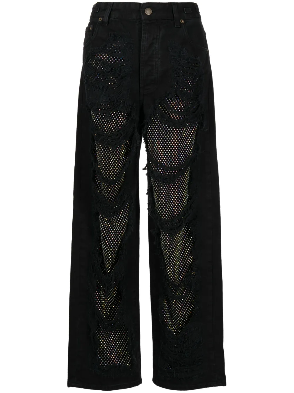 Darkpark Crystal-stitched Holey Wide-leg Pants In Black