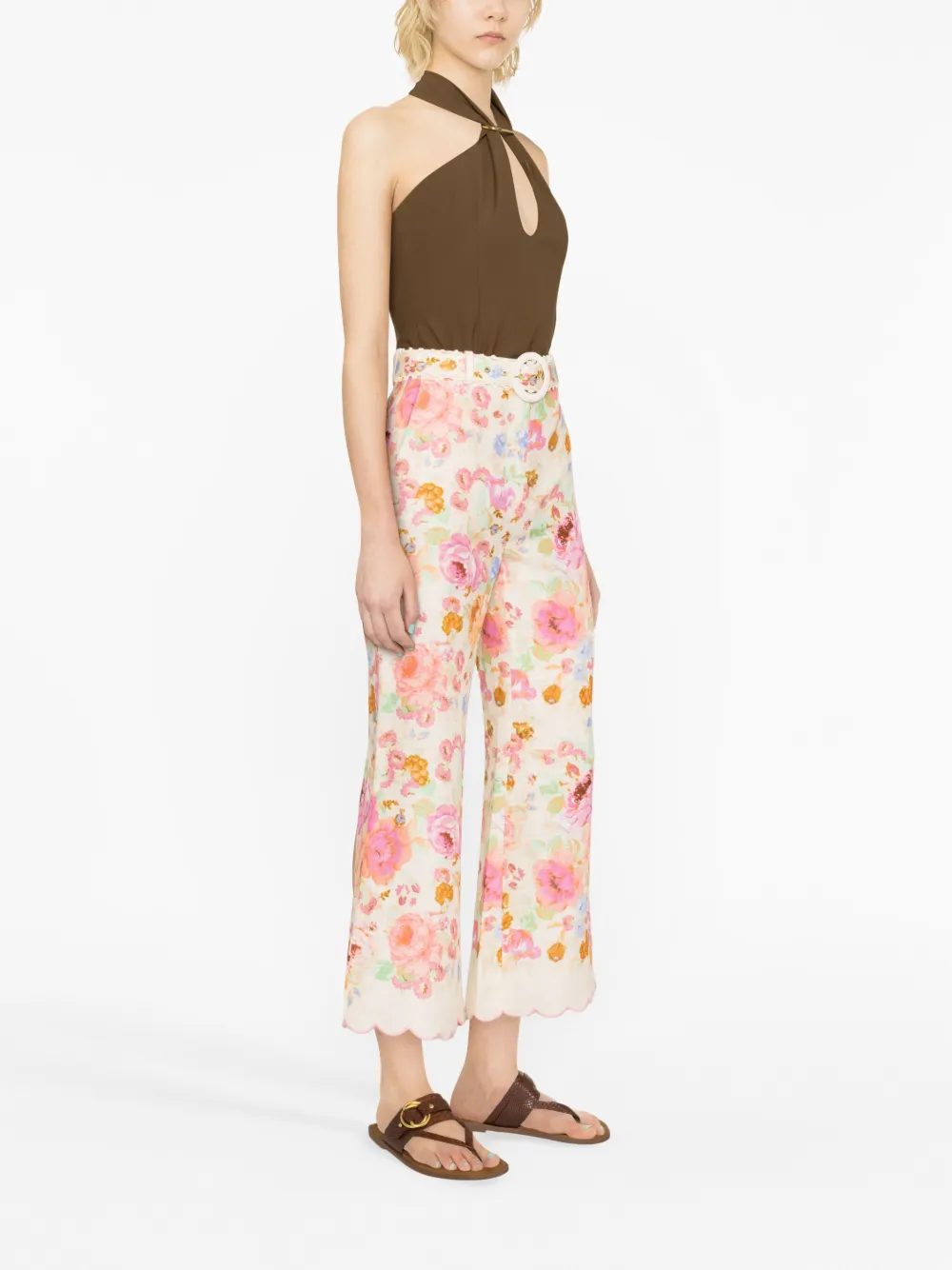 Zimmermann Raie Floral-print Flared Linen Trousers In Pink