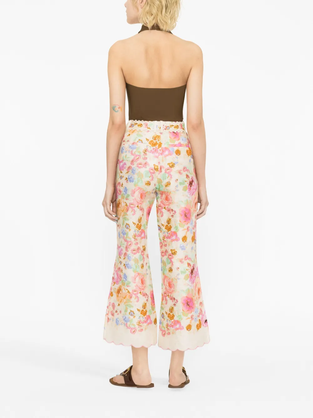 Zimmermann Raie Floral-print Flared Linen Trousers In Pink