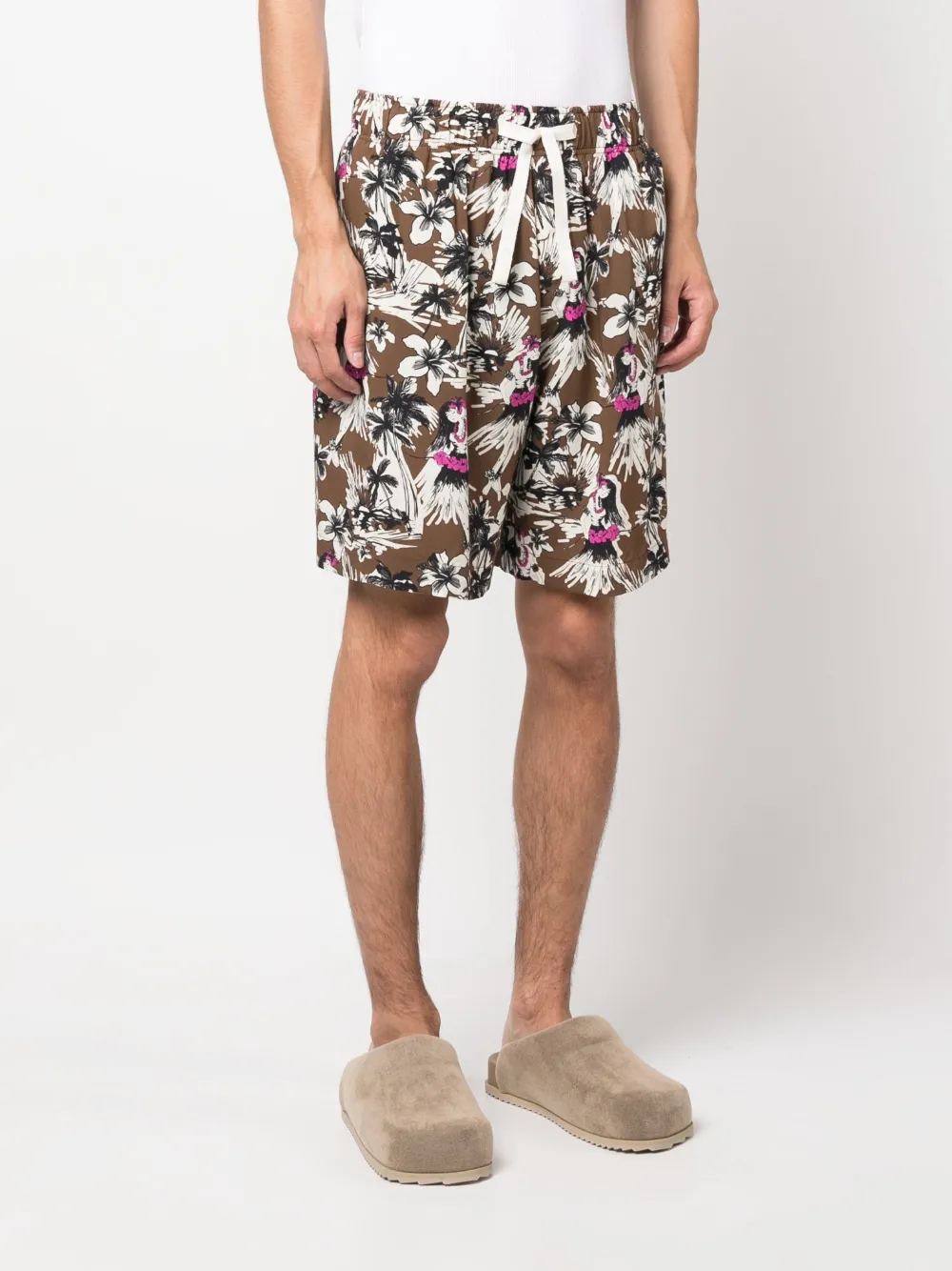 Palm Angels Hawaiian Print Shorts In Brown