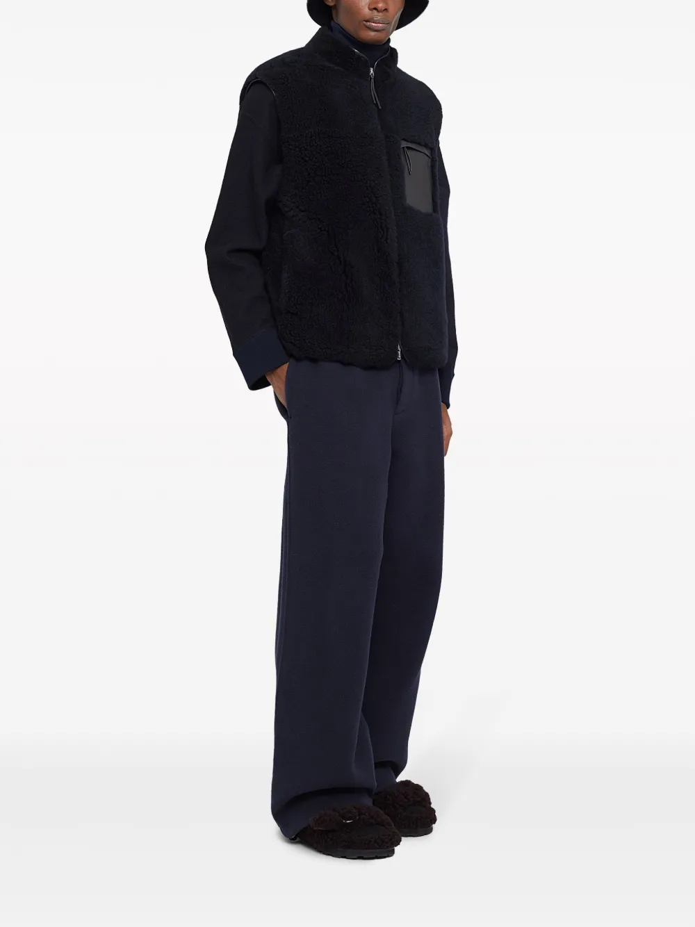 Jil Sander Leather-trim Shearling Gilet In Blue