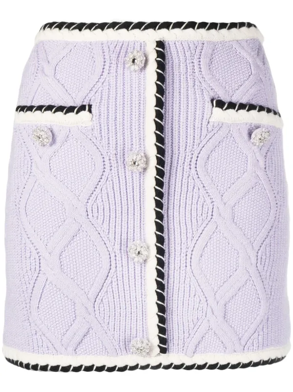 Self-Portrait Contrasting-trim Cable-knit Miniskirt in Purple