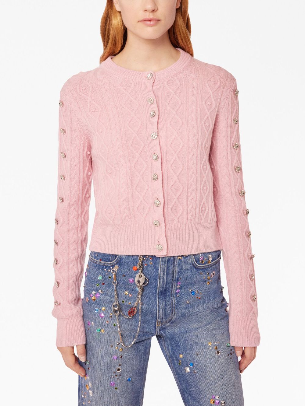 Shop Rabanne Crystal-embellished Cable-knit Cardigan In Pink