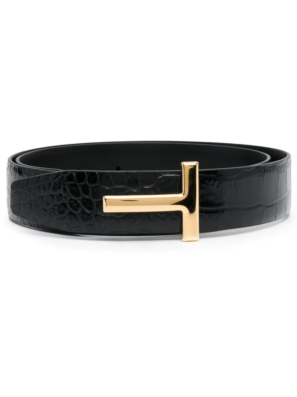 Tom Ford T Icon Reversible Croc Embossed Patent Leather Belt In Black