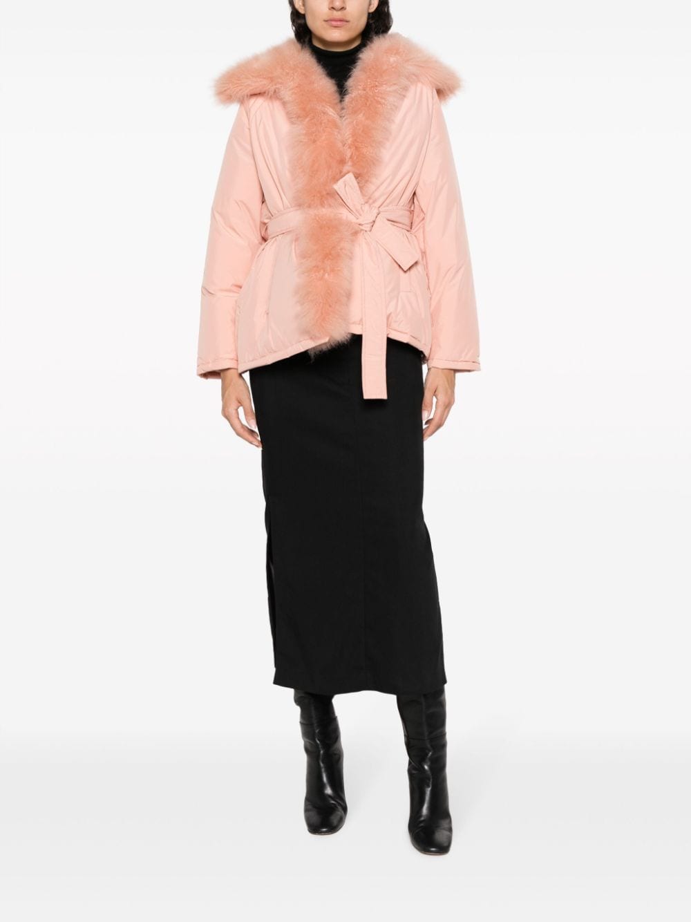 Shop Yves Salomon Shearling-trim Belted Down Jacket In Pink