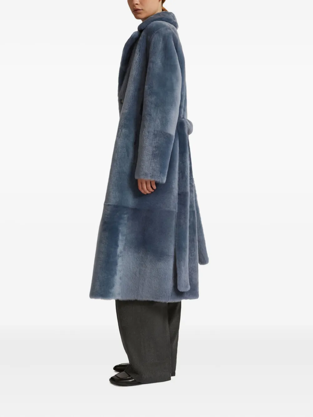 Yves Salomon Belted Shearling Coat In Blue