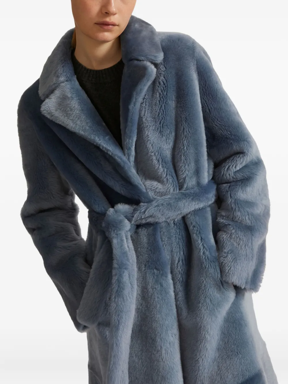 Yves Salomon Belted Shearling Coat In Blue