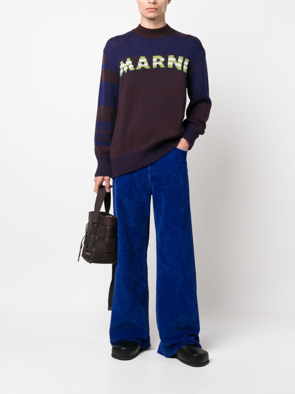 Marni intarsia-knit-logo virgin-wool sweater - Blauw