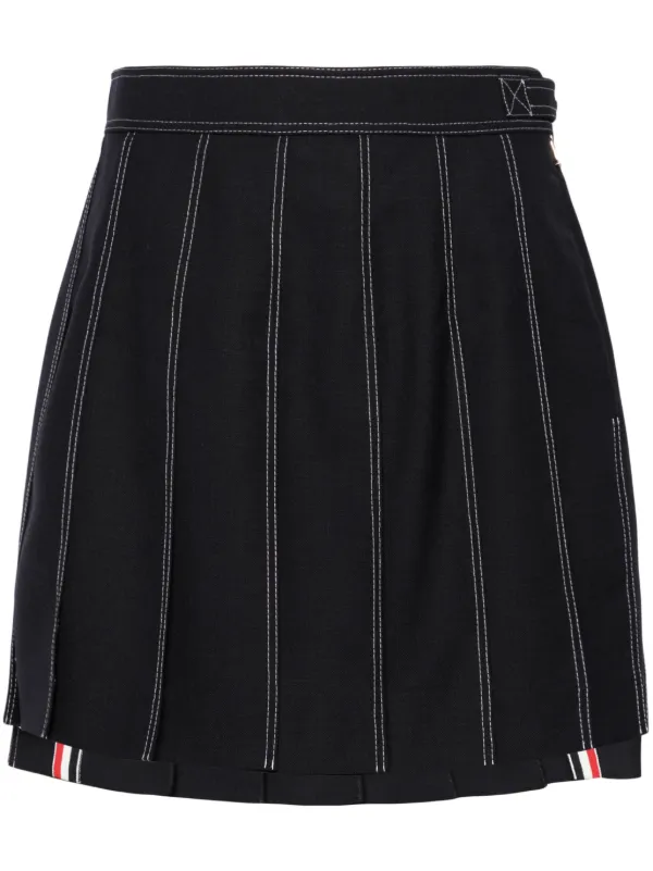 Thom Browne Striped Pleated Wool Miniskirt in Blue
