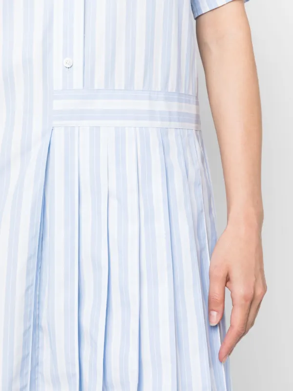 Thom Browne Striped Pleated Cotton Shirtdress | Blue | FARFETCH