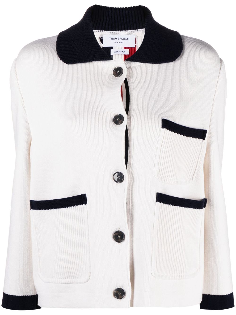 Thom Browne Colourblock-trims Knitted Cardigan In White