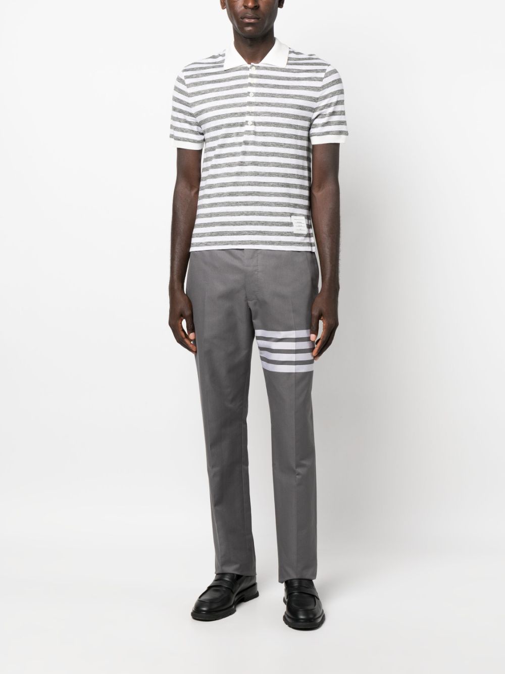 Shop Thom Browne Striped Linen Polo Shirt In Grey