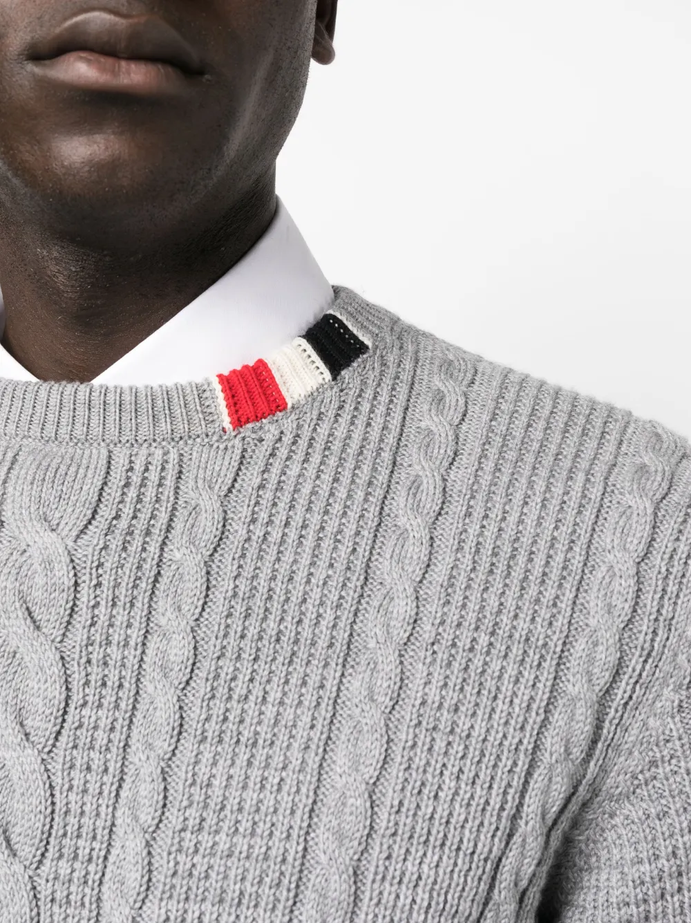 Shop Thom Browne Rwb-stripe Cable-knit Wool Jumper In Grey