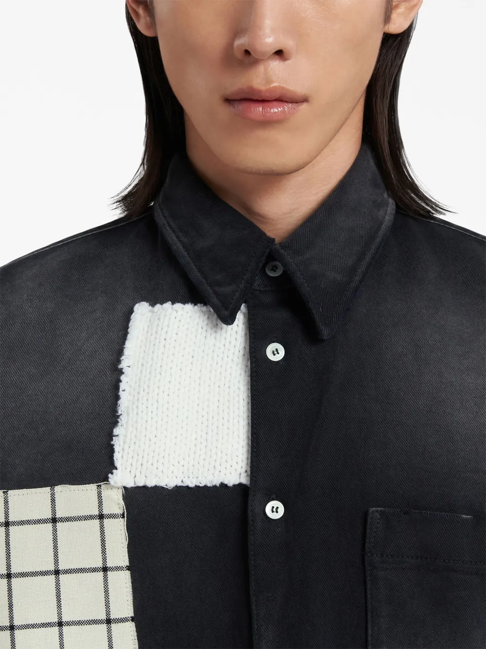 Marni Patchwork-detail Denim Shirt In Black