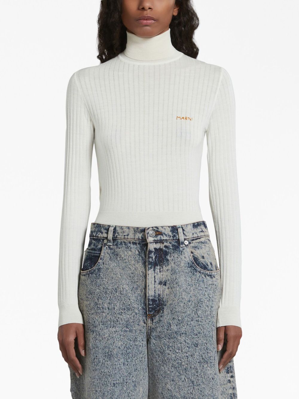 Shop Marni Logo-embroidered Ribbed Jumper In White