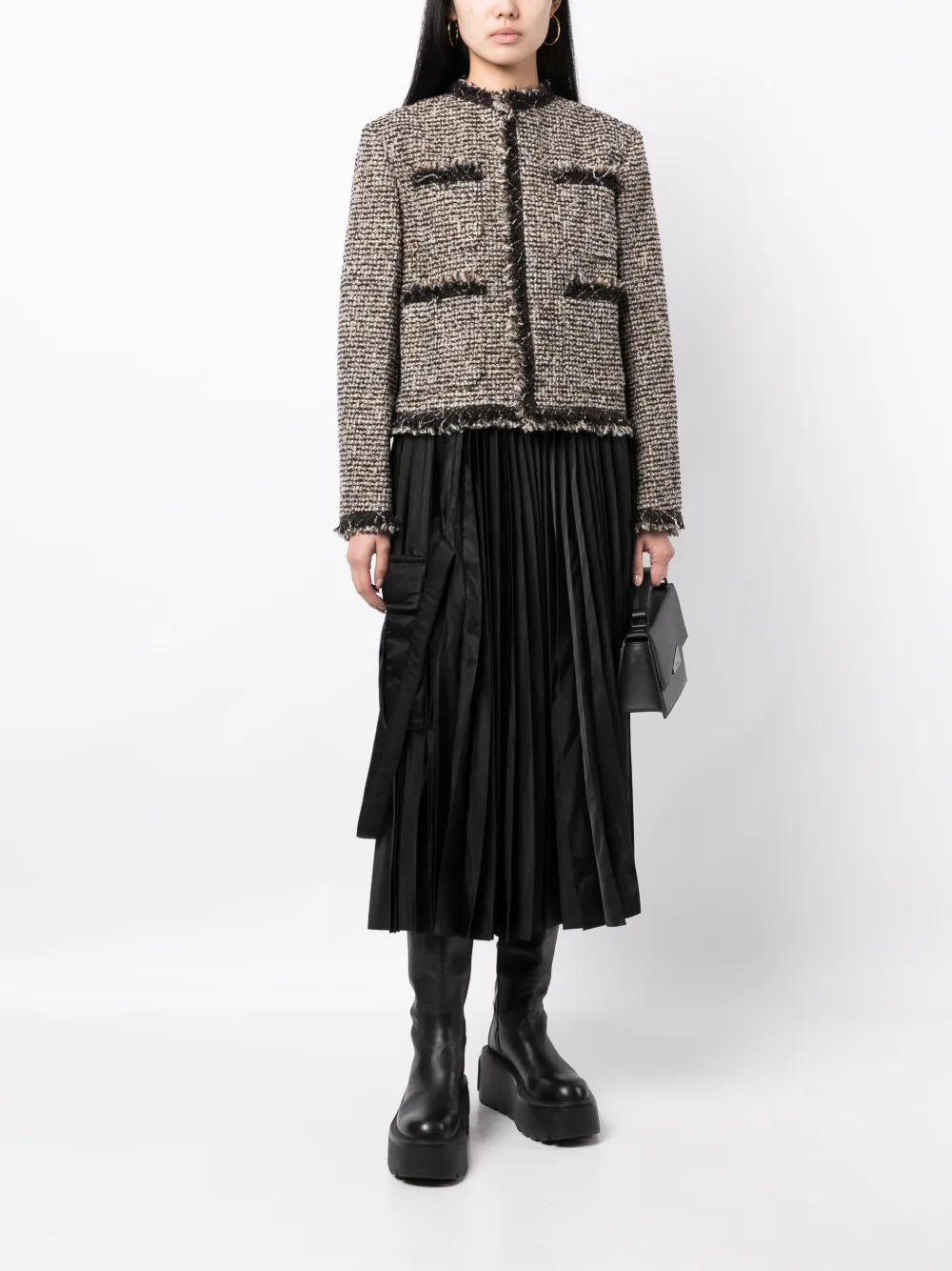 sacai tweed-panel cropped puffer jacket - Bruin