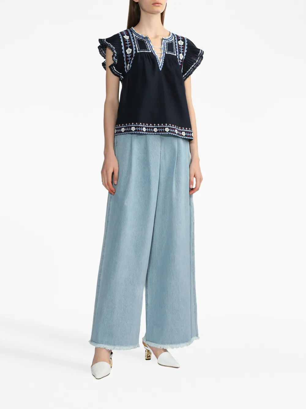 Shop Sea Pleat-detail Wide-leg Jeans In Blue