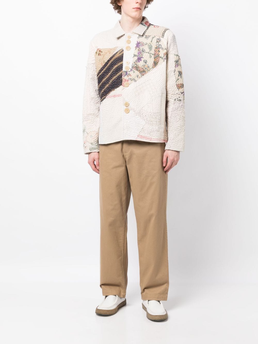 By Walid embroidered-patchwork cotton shirt jacket - Beige