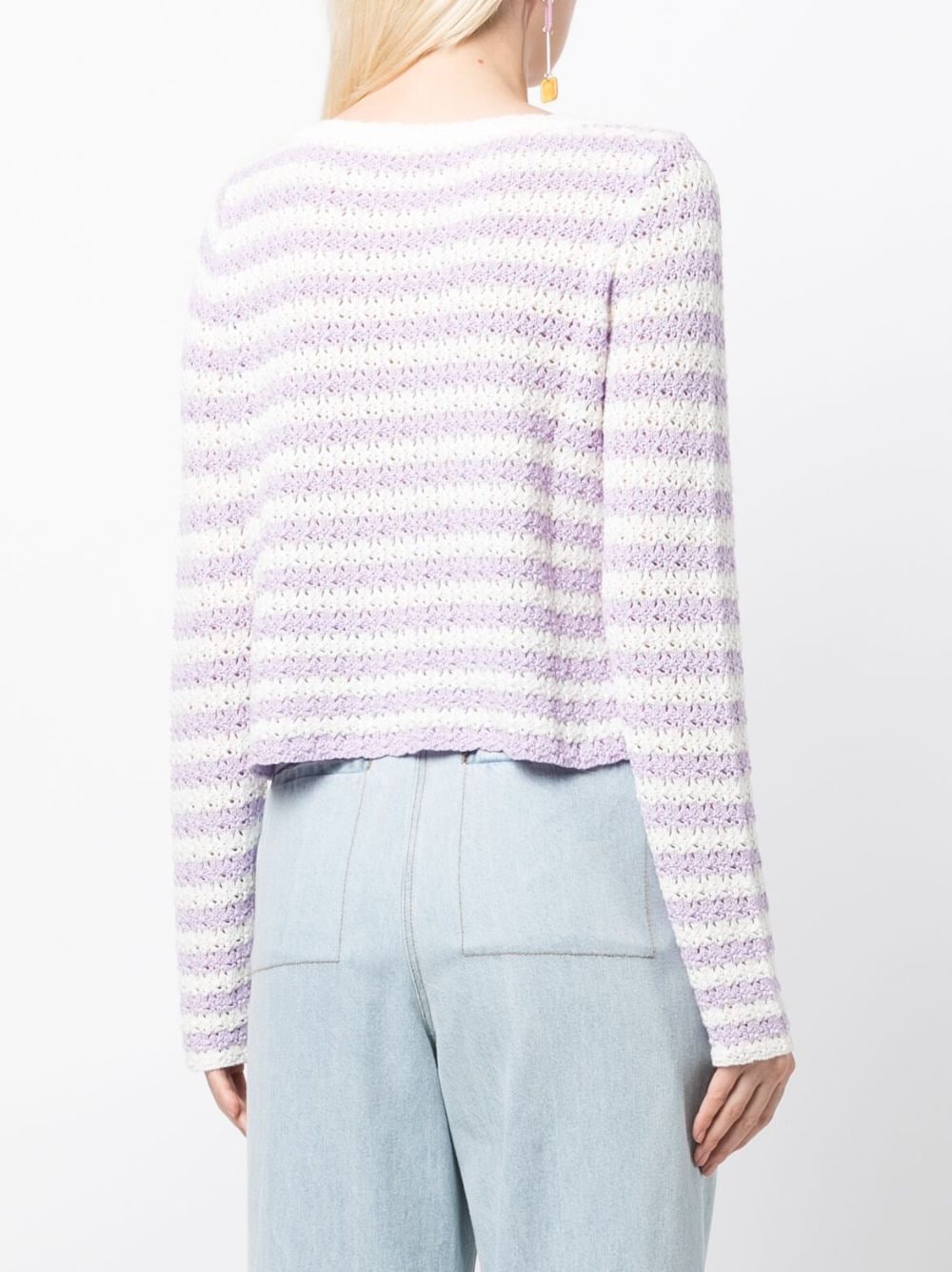 Shop Kitri Dionne Striped Crochet-knit Cardigan In Purple