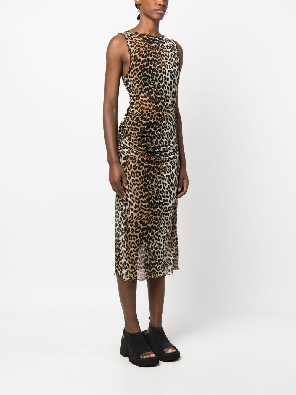 Shop Ganni Leopard-print Mesh Dress In Brown