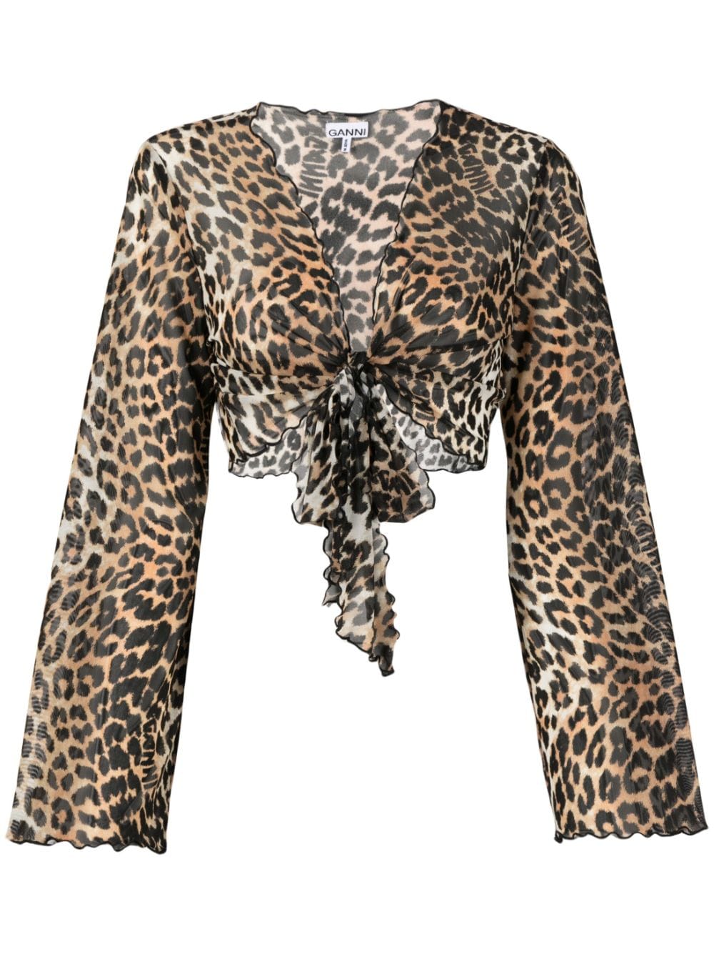 Shop Ganni Leopard-print Tie-front Cropped Blouse In Brown