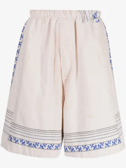 By Walid floral-embroidered linen drop-crotch shorts