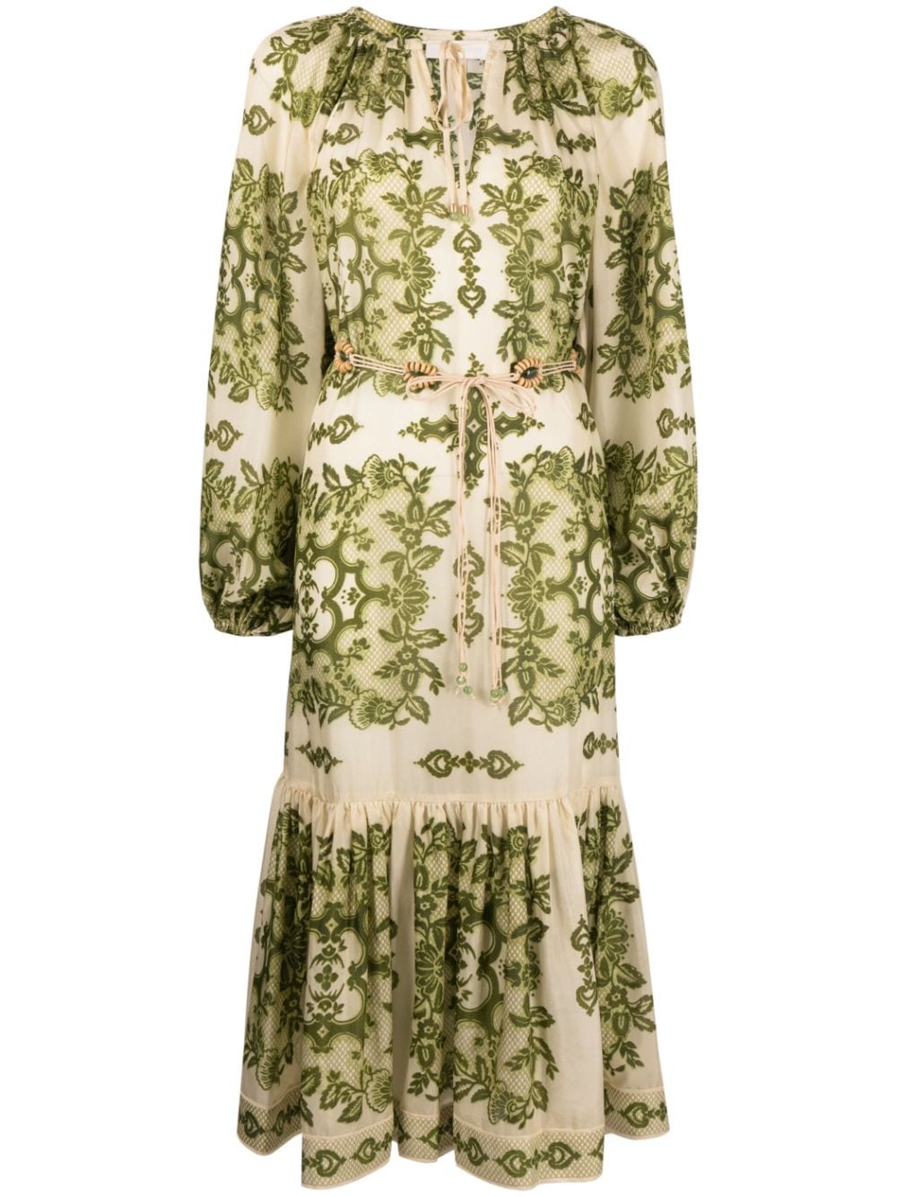 Zimmermann Raie Tiered Silk Midi Dress In Green | ModeSens