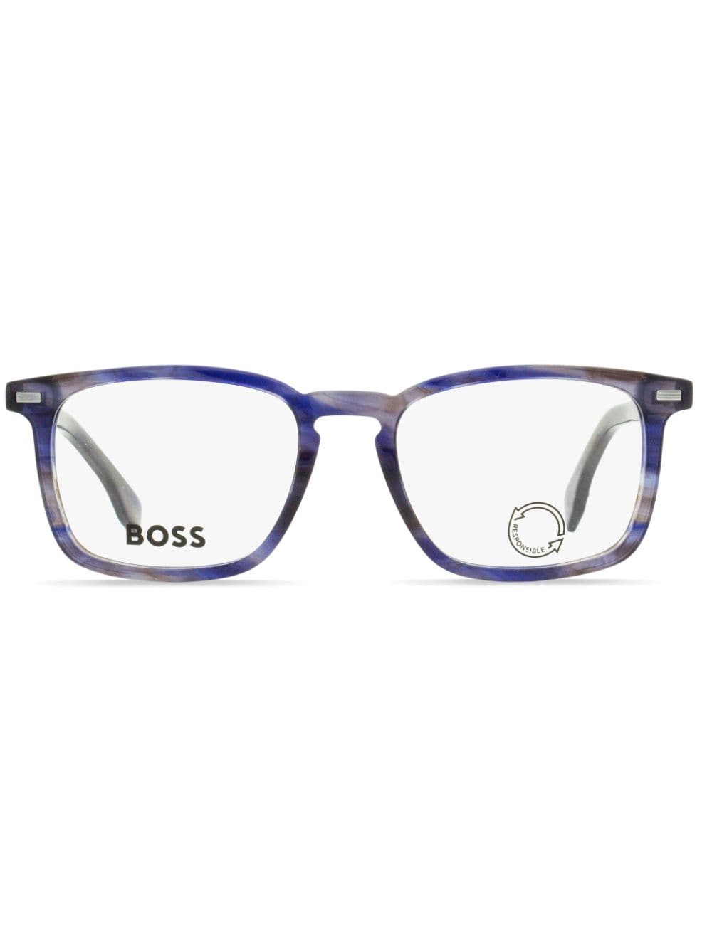 Hugo Boss 长方形镜框大理石效果眼镜 In Blue