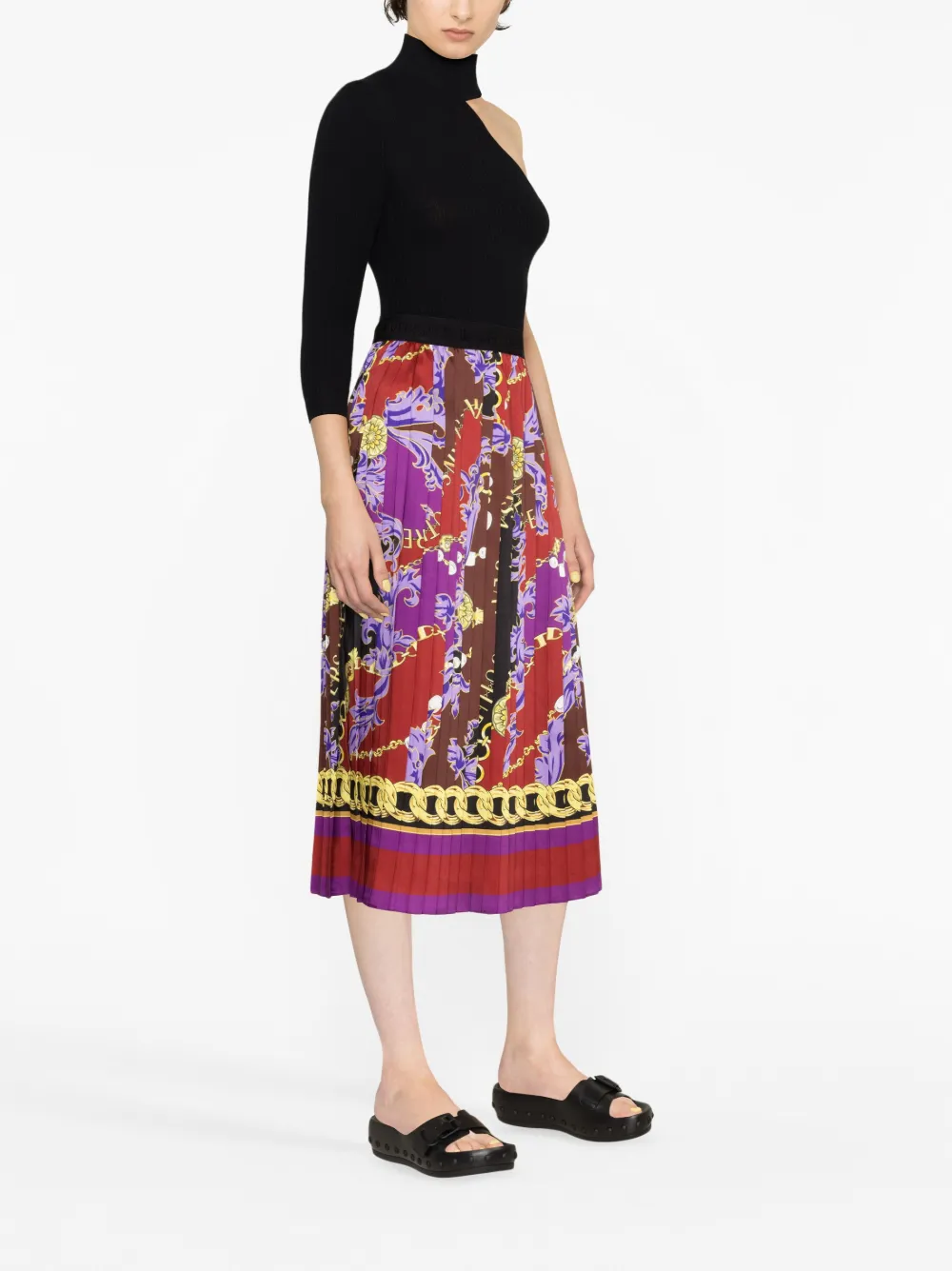 Versace Jeans Couture Pleated Chain-print Pull-on Midi Skirt In Rot