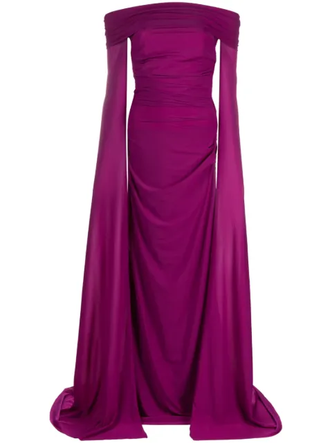 Talbot Runhof off-shoulder cape dress