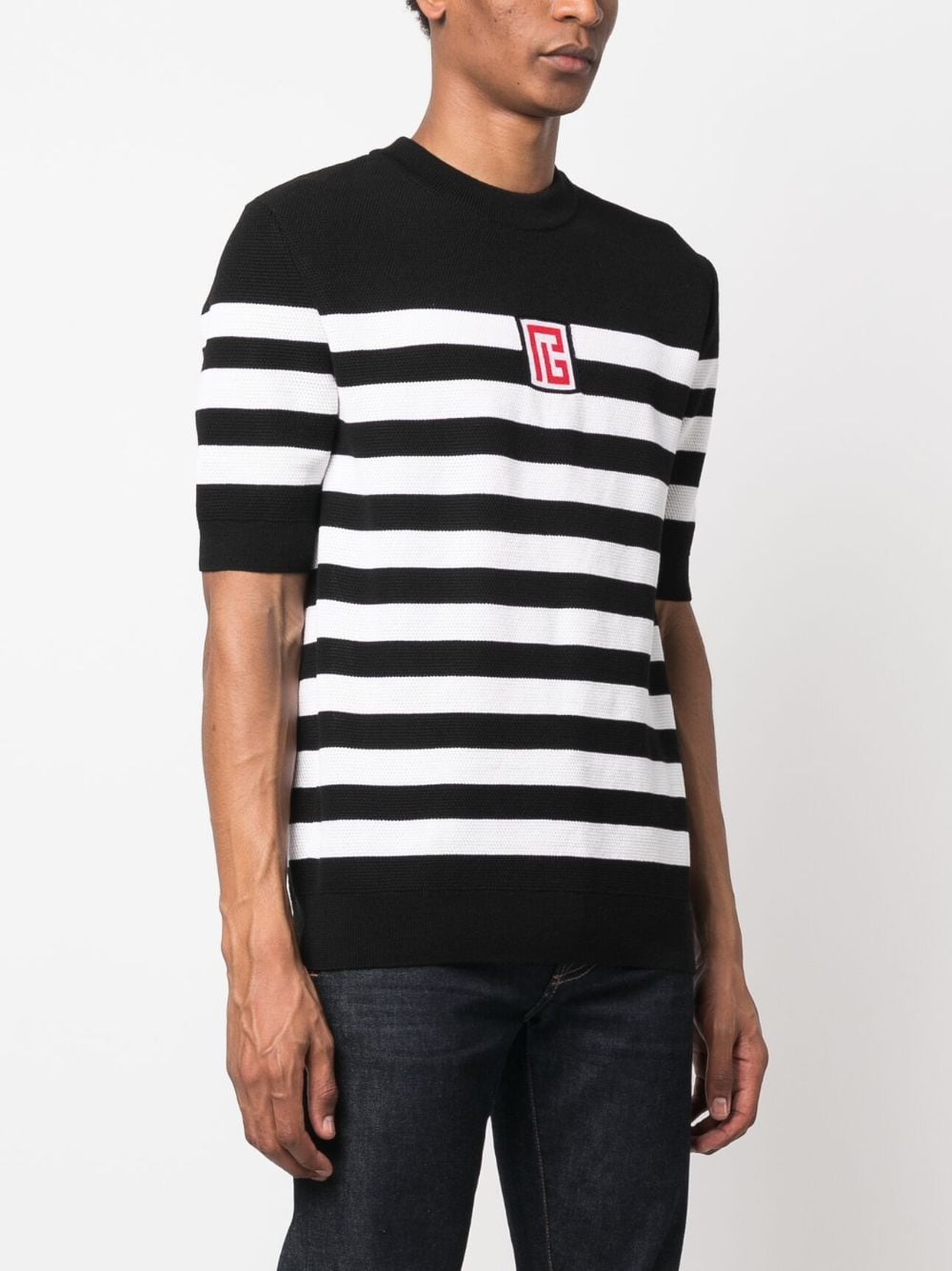Shop Balmain Striped Piqué Knit T-shirt In Black