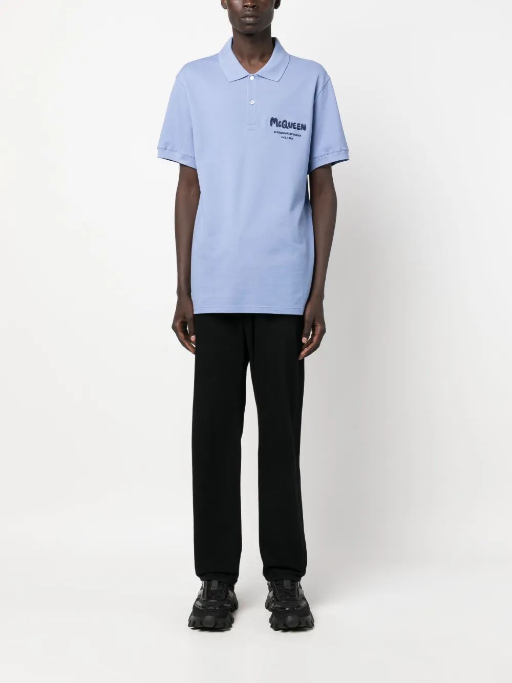 Shop Alexander Mcqueen Graffiti-embroidered Polo Shirt In Blue