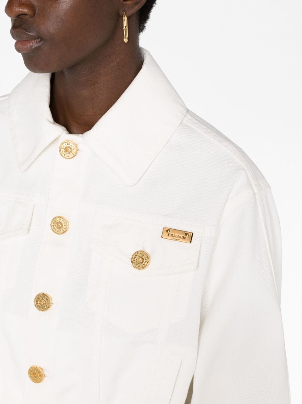 Shop Balmain Cropped Denim Jacket In White
