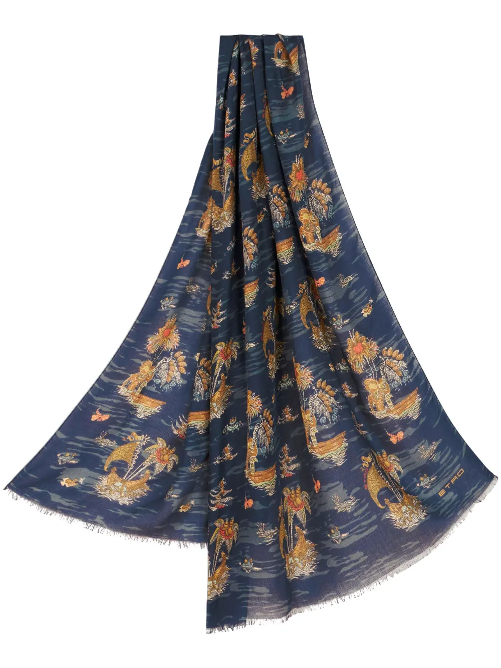 ETRO graphic-print frayed-edge scarf - Blue