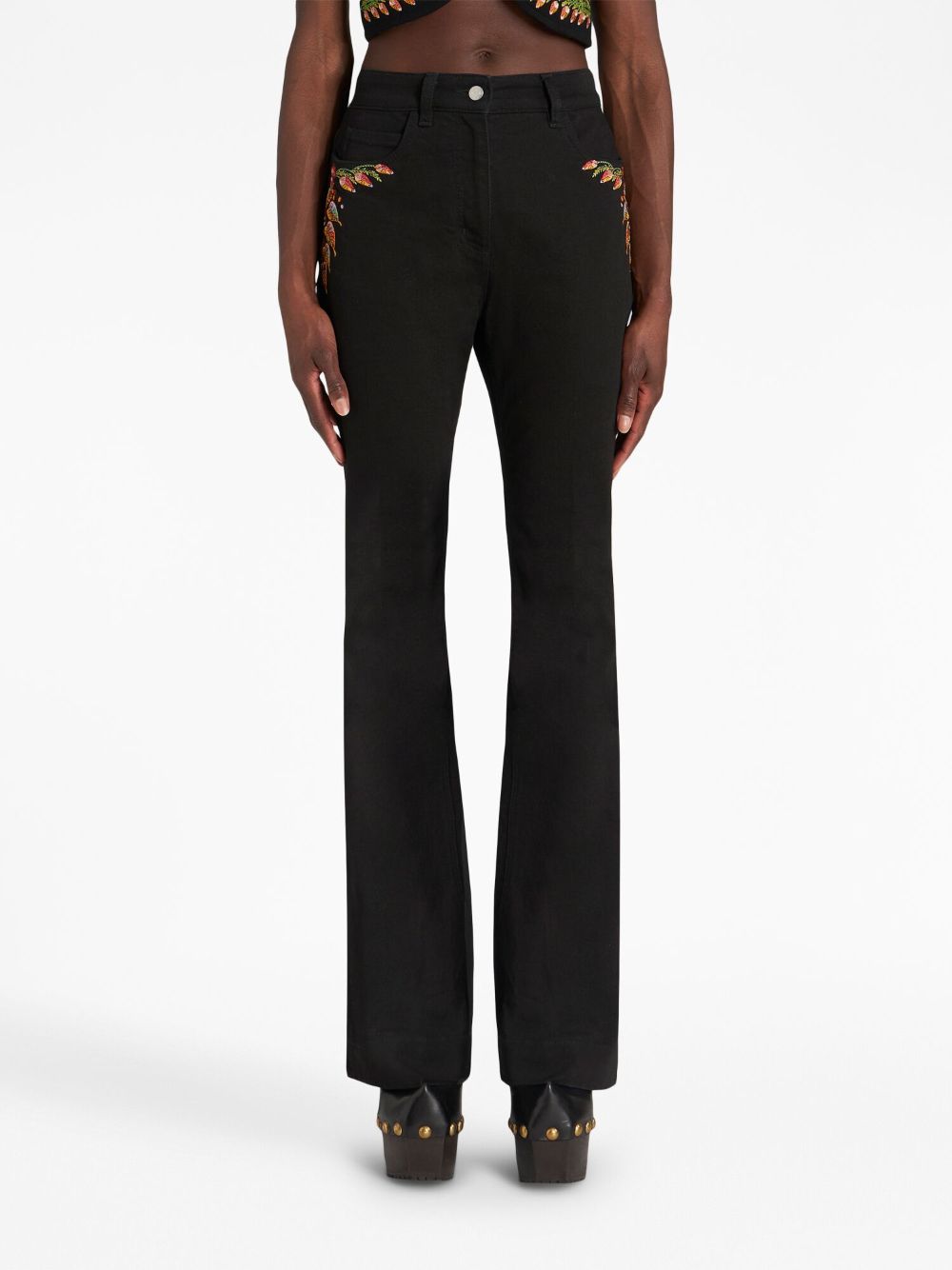 Shop Etro Foliage-embroidered Mid-rise Flared Jeans In Black