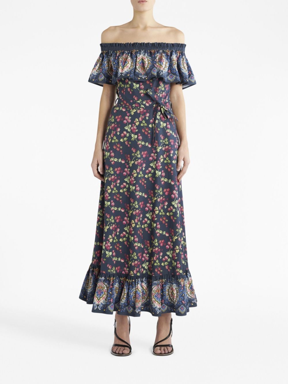 Shop Etro Floral-print Off-shoulder Dress In Blue