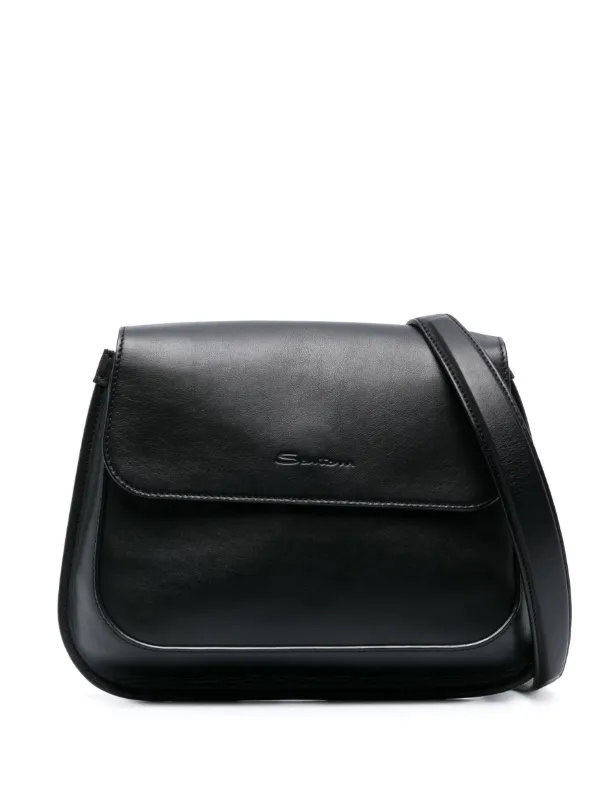Santoni Medium Logo-debossed Leather Shoulder Bag in Black
