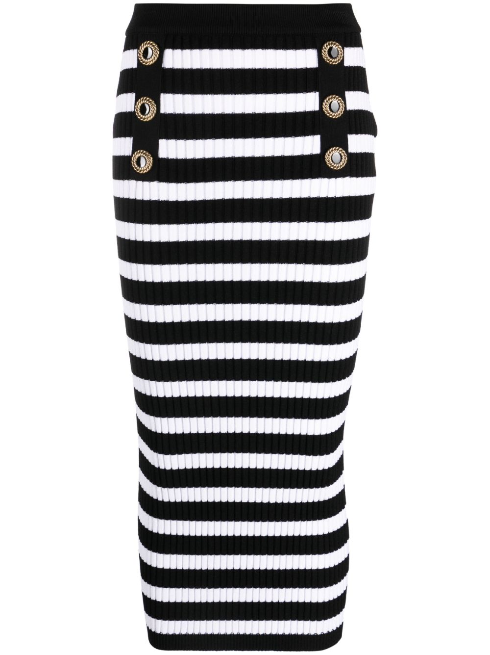 Shop Balmain Striped Ribbed-knit Midi Skirt In Black