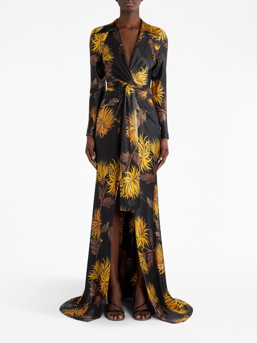 Shop Etro Dahlia-print Satin Wrap Dress In Black