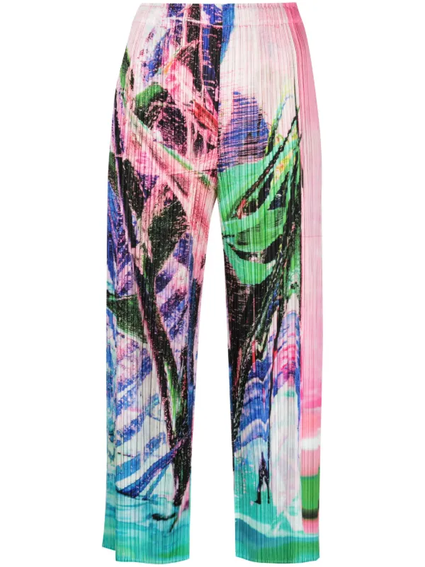 Pleats Please Issey Miyake Tropical Winter-print Plissé Trousers