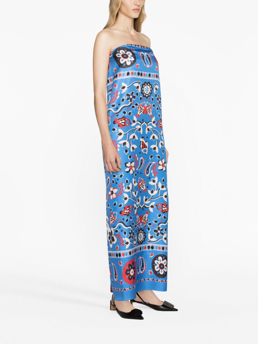 Shop Tory Burch Paisley-print Strapless Silk Dress In Blue