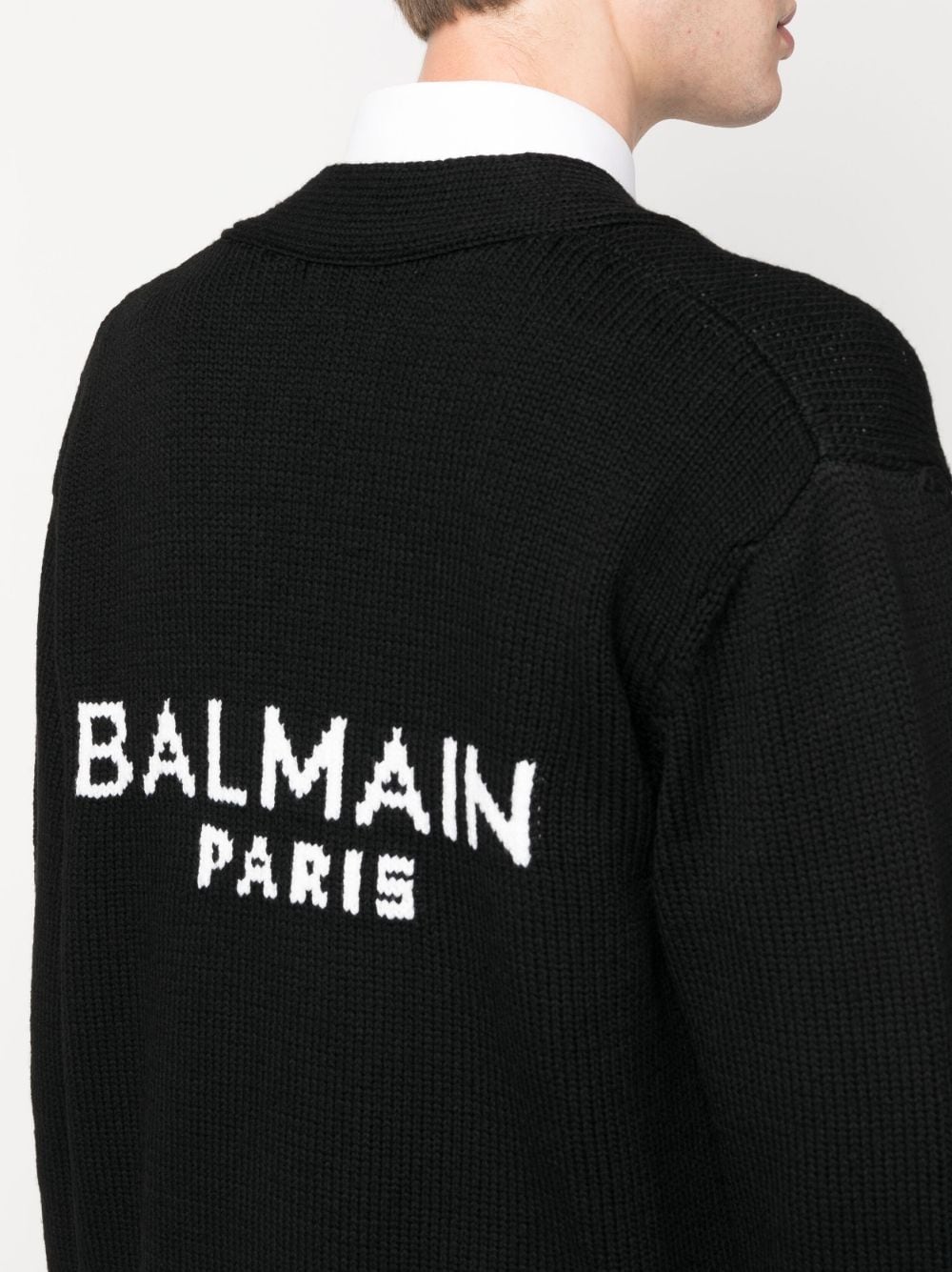 Shop Balmain Logo Intarsia Cardigan In Black