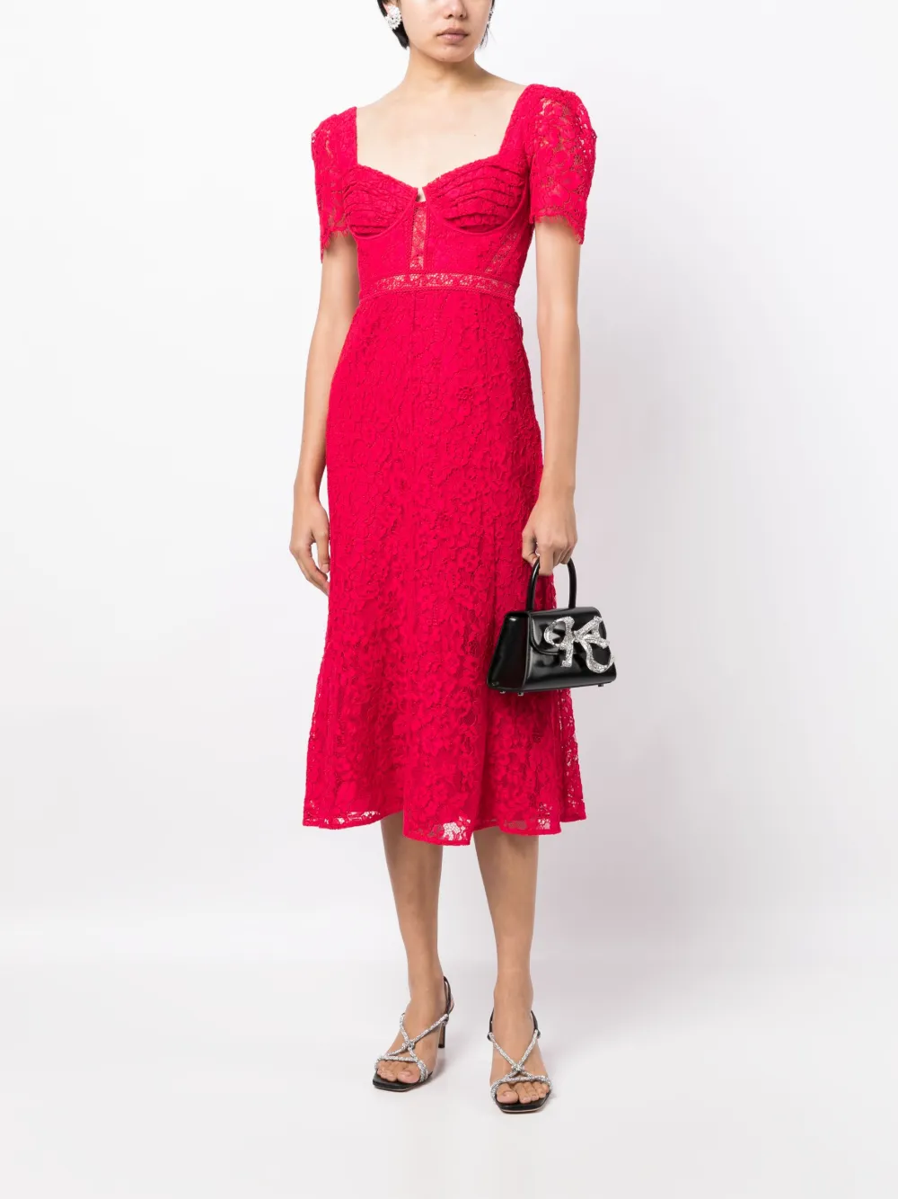 Self-Portrait crepe-texture laced midi dress - Rood