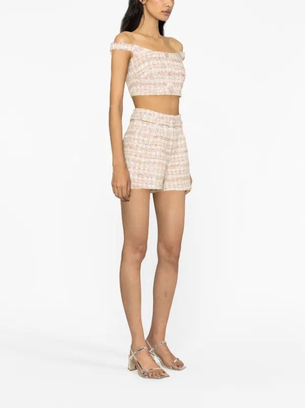 Self-Portrait sequin-embellished Bouclé Shorts | Pink
