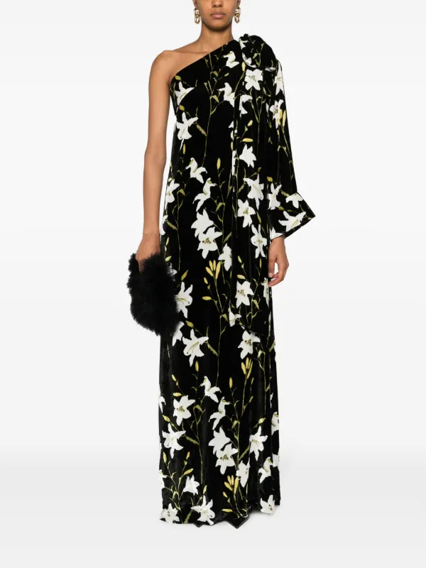 open lace back dress Shani Women's One-Shoulder Floral Appliqué Crepe Gown - Black main image 1