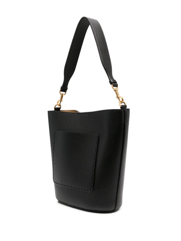 TORY BURCH: mini bucket bag in leather with emblem - Black