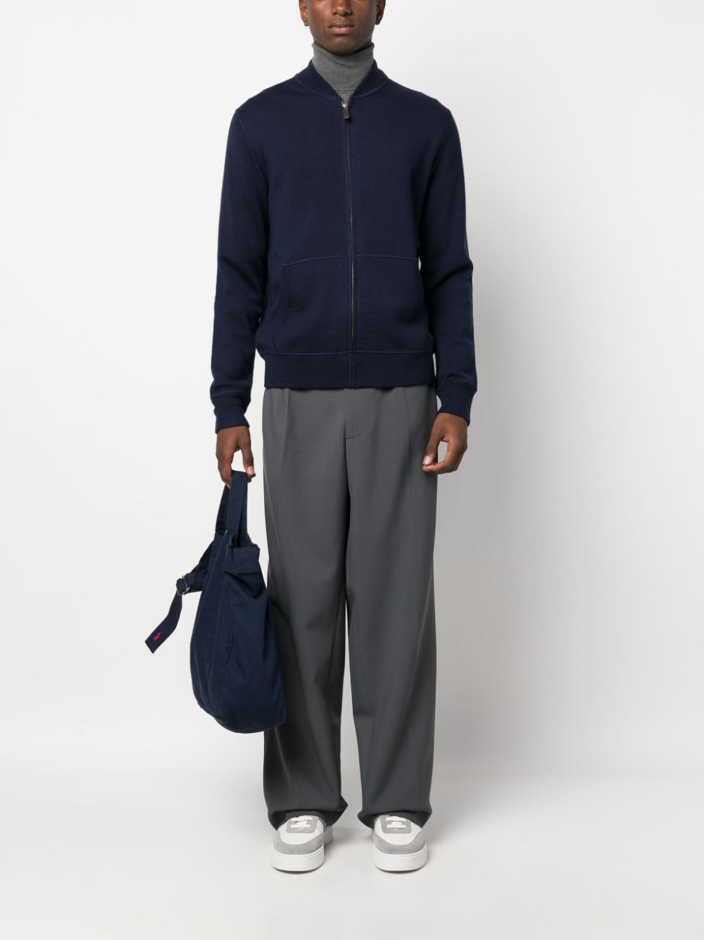 Shop Polo Ralph Lauren Zip-up Felted Wool Navy Jumper In Blue
