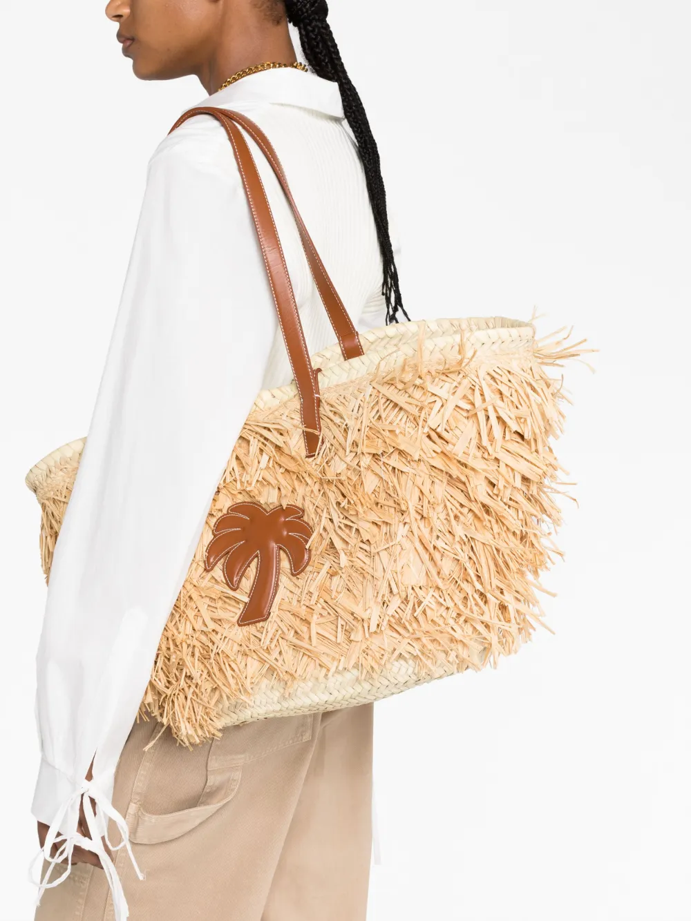 Shop Palm Angels Palm-appliqué Raffia Tote Bag In Neutrals